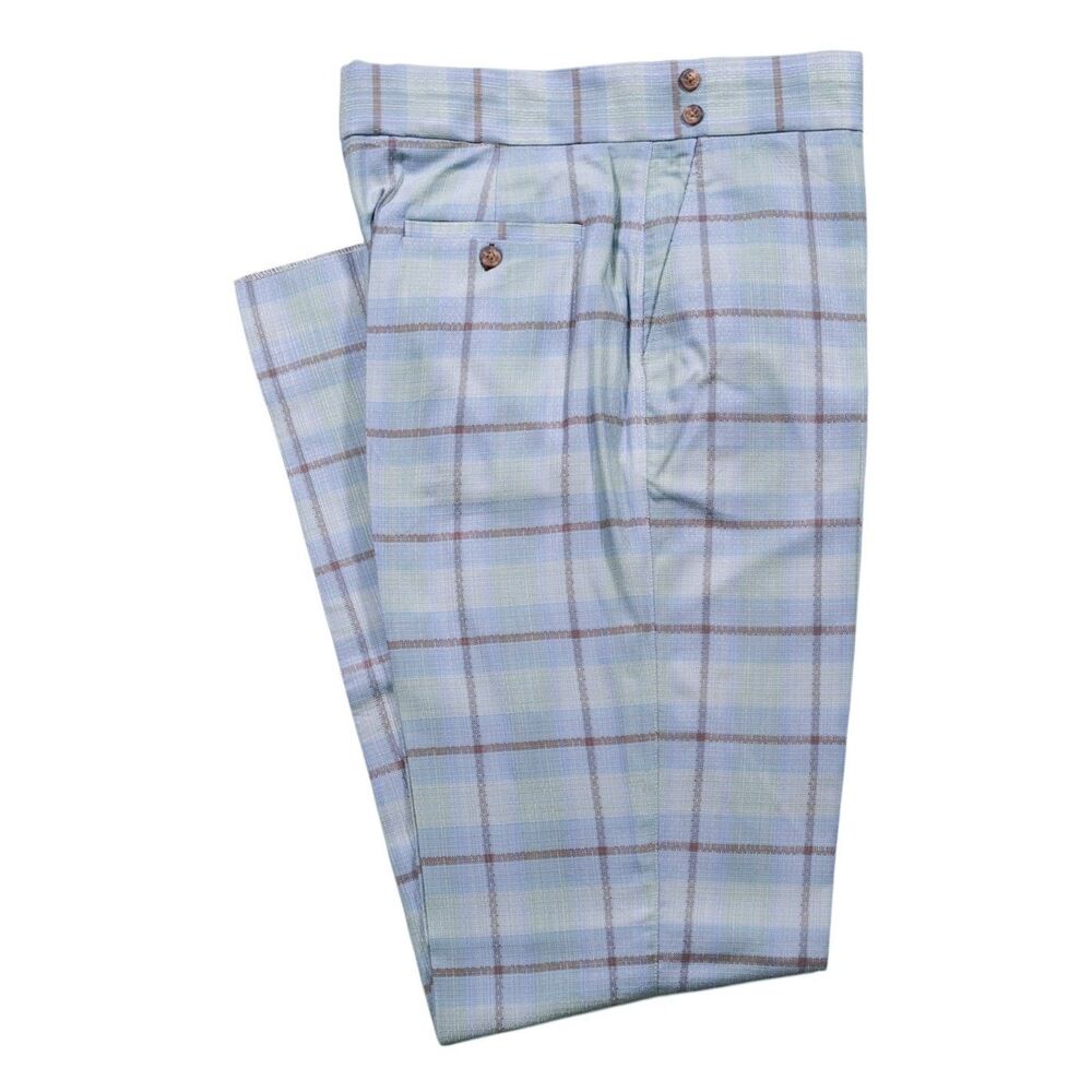 Mens 32 Blue Windowpane Cotton Gurkha Pants High Waist Flat Front Dress Trousers